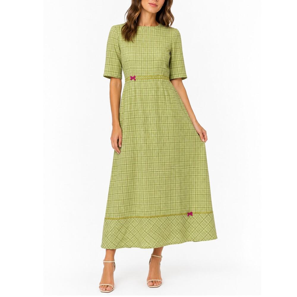 Vintage Green Plaid Cottagecore Prairie Maxi Dress Embroidered Bow Size Small